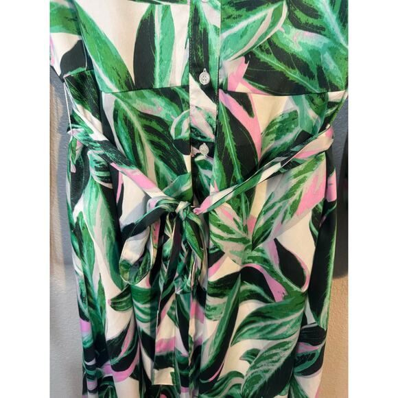Lane Bryant Sz 18 BeautiCurve Silky Dress Green Pink Leaf Print Belted tailored - Picture 7 of 10